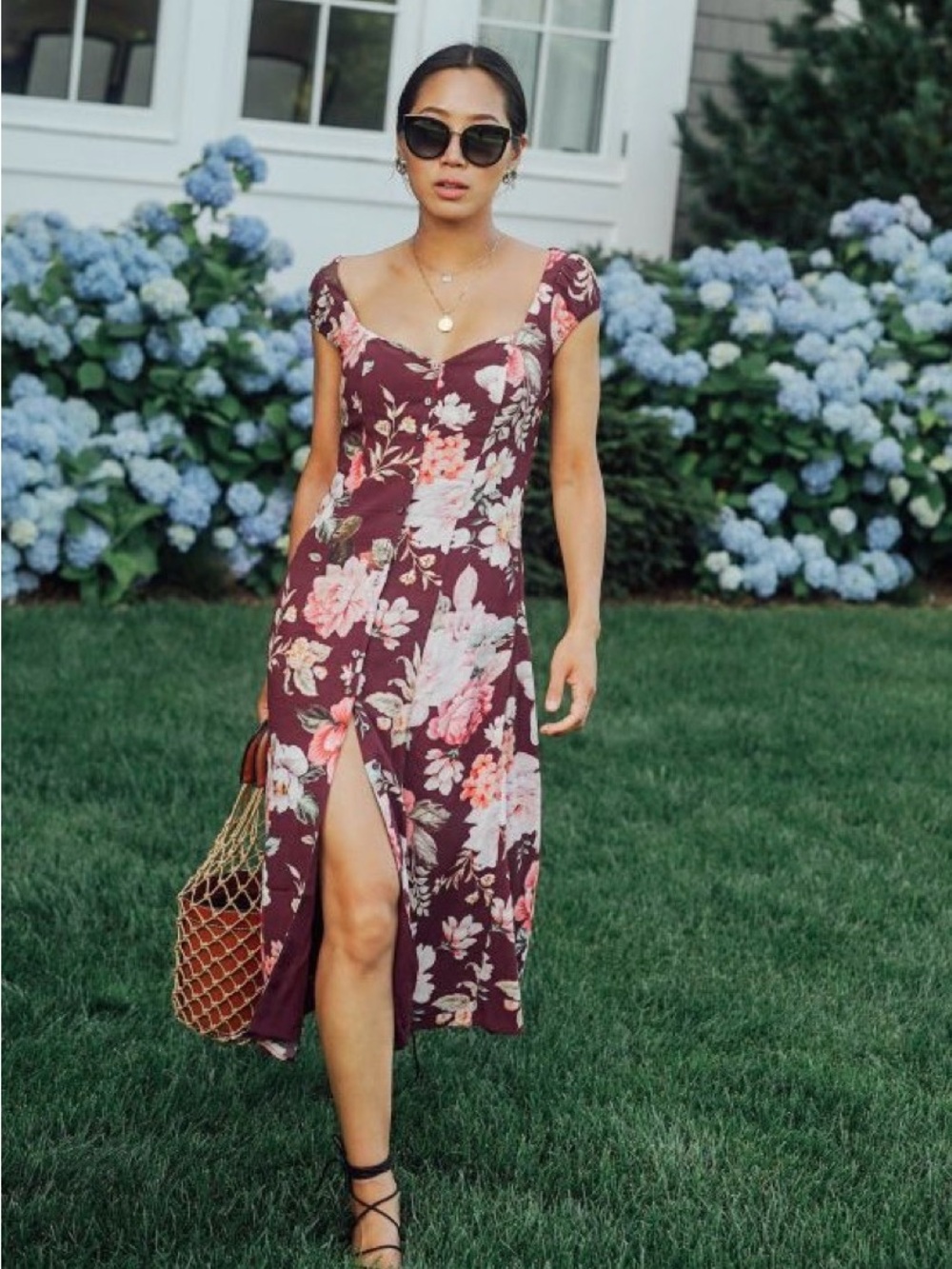 MAJORELLE Burgundy Floral Midi Dress with Sweetheart Neckline, Size Small